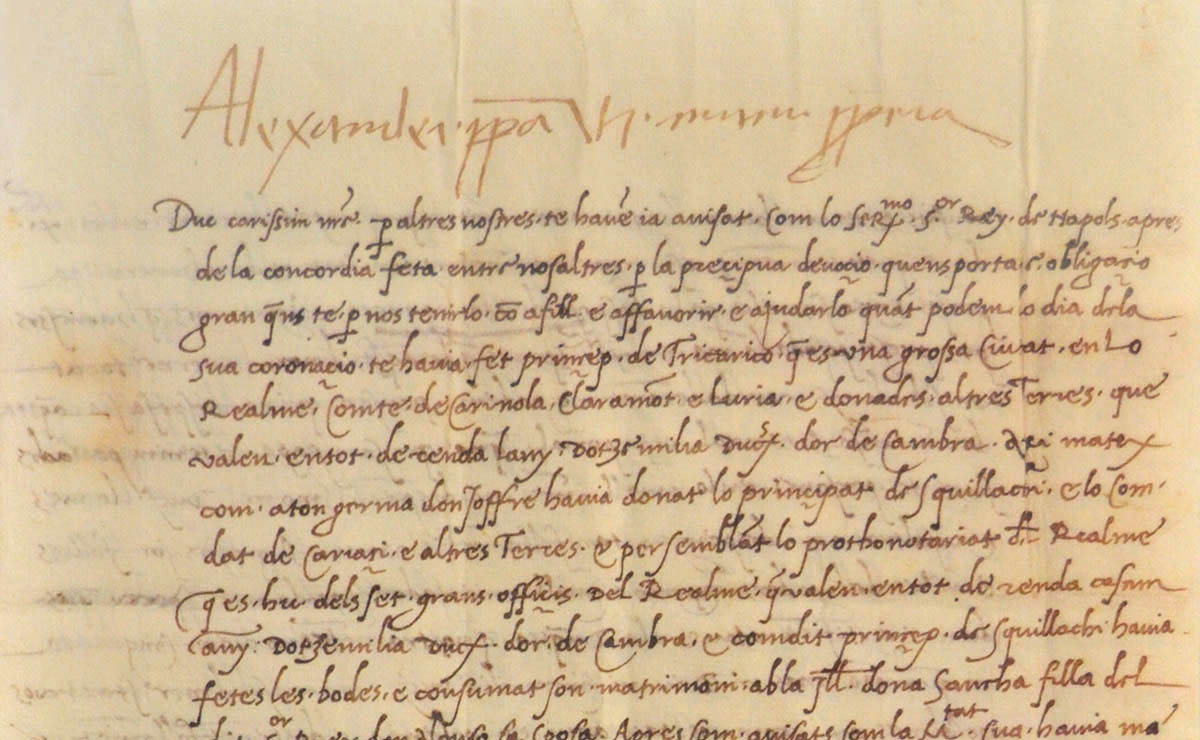 Carta d'Alexandre VI al seu fill Joan de Borja. Arxiu de la Catedral de València.