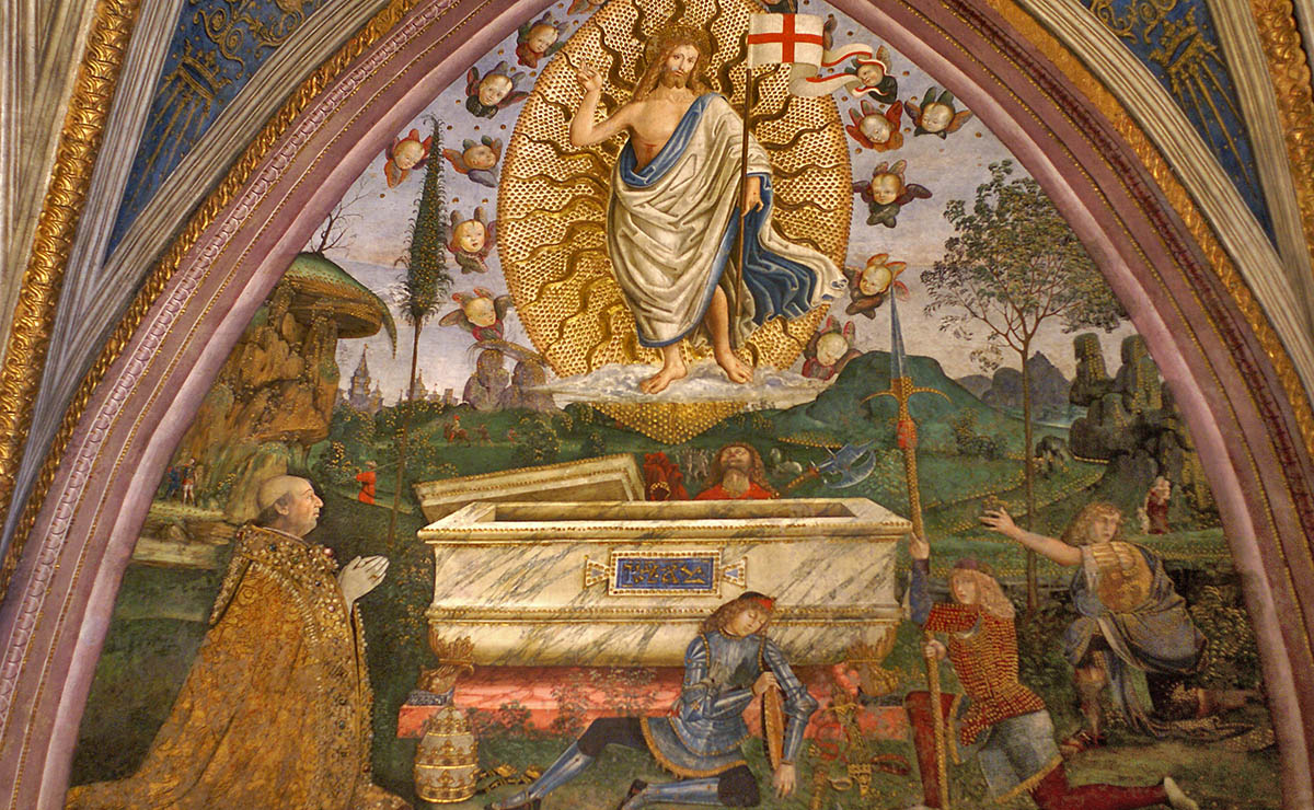 Pinturicchio, escena de la resurrecció, amb un retrat del papa Alexandre. Sala dels Misteris de la fe, apartament Borja del Vaticà.