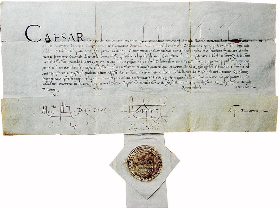 Salconduit de Cèsar a favor de Leonardo da Vinci (Pavia, 18 d’agost de 1502).