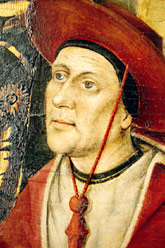 El cardenal Alfons de Borja. Detall del retaule de santa Anna, de Pere Reixac. Col·legiata de Xàtiva, 1452